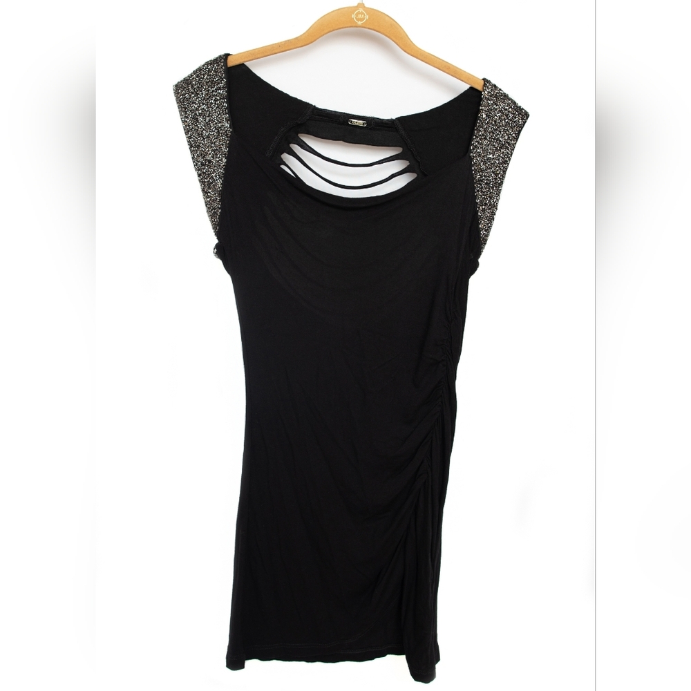 Y2K GUESS Black Sleeveless Top with Silver beaded sleeve Accents and back cutout